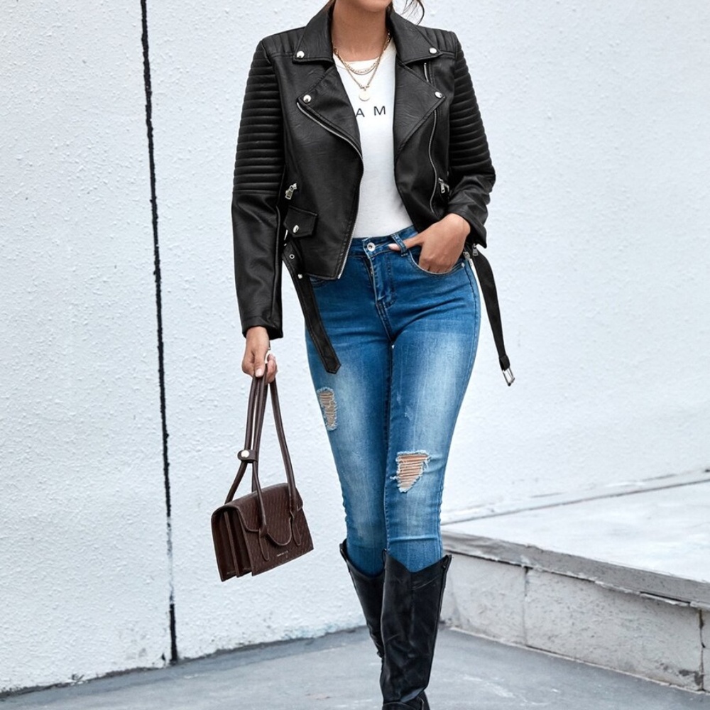 Luxe Vegan Leather Camel Zip up Moto Biker Jacket - Picture 6 of 10